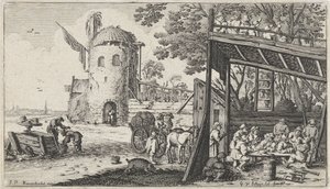 Boeren rond een tafel in een schuur (de Smaak) (Landschappen met de vijf zintuigen) - Gillis van Scheyndel (I)
