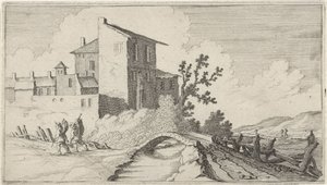 Pont devant des bâtiments entourés de murs - Gillis van Scheyndel (I)