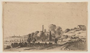 Figures sur un chemin devant des fermes sur les dunes, extrait de Douze paysages - Gillis van Scheyndel