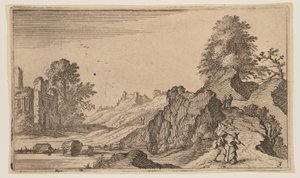 Piétons sur un chemin près de rochers, ruines au-delà de l