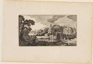 Étang devant un pont en bois et une maison, d