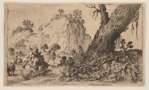 Berger jouant de la flûte à bec avec un troupeau de chèvres, extrait de Douze paysages