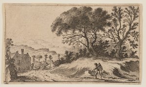 Voyageur sur un chemin devant trois arbres sur un monticule à droite, tiré de Douze paysages
