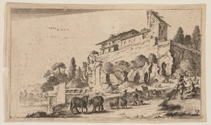 Villa incorporant des ruines sur une colline à droite de la rivière, tiré de Douze paysages - Gillis van Scheyndel