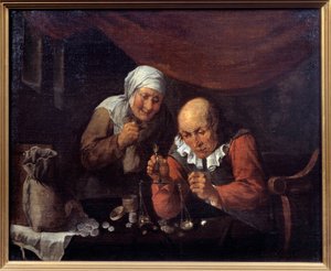 Le couple avare de vieillards pesant leurs possessions - Gillis van Tilborgh