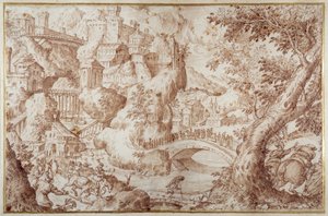 Paysage montagneux fantastique avec des ponts enjambant des ravins, une ville et des voyageurs