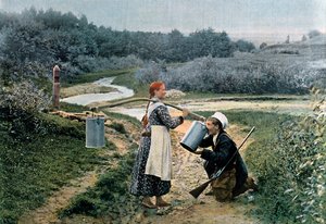 Un chasseur boit à une jeune femme, Russie, vers 1890