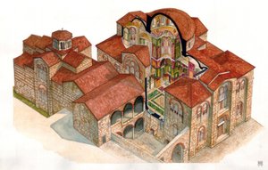 Art byzantin : vue et coupe architecturale du monastère de Hosios Loukas (Osios Lukas ou Luckas), construit au XIe siècle. Grèce - Giorgio Albertini