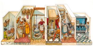 Vie quotidienne : évolution des fourneaux et des systèmes de cuisson des aliments, de gauche à droite, cuisine antique, centre de la cuisine médiévale, plaques de cuisson à droite et fourneaux plus modernes.