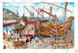 Moyen Âge : activités commerciales, chargement de bateaux, dans un port de la région de Ligurie. Italie 14e siècle