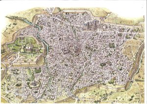 Moyen Âge : vue aérienne détaillée de la ville de Samarcande (Samarkand), les remparts sont visibles, en Ouzbékistan à l