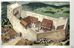 Moyen Âge : reconstruction du château cathare de Montségur (achevé au XIIIe siècle), Ariège, France.