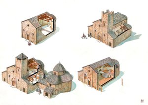 Art roman : description des étapes de la construction, avec des coupes permettant de voir l