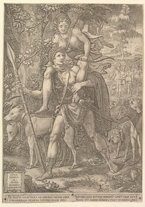 Allégorie de la chasse, un chasseur tenant une grande lance portant une femme Diana sur ses épaules, 1556 - Giorgio Ghisi