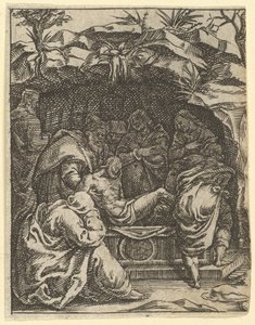 La Vierge des Douleurs : La Mise au tombeau, un des neuf compartiments environnants, vers 1575