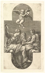 Trois Muses et un Putto avec des cymbales, une composition cruciforme, d
