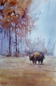 Des bisons dans la brume d