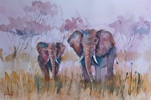 Éléphants dans la savane brumeuse - Giorgio Gosti