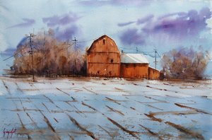 Une grange rouge sous la neige - Giorgio Gosti
