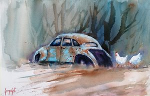 Une voiture rustique et des poules