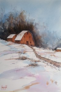Une grange dans un paysage enneigé