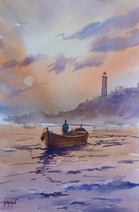 Bateau et phare au coucher du soleil - Giorgio Gosti