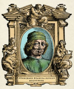 Portrait de Francesco Francia (1450-1517) peintre italien. Gravure du traité « Vies des plus excellents peintres, sculpteurs et architectes » (Le Vite de