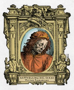 Portrait de Raffaellino del Garbo (Raffaellino de Carli) (1466-1525) peintre italien. Gravure du traité « Vies des plus excellents peintres, sculpteurs et architectes » (Le Vite de