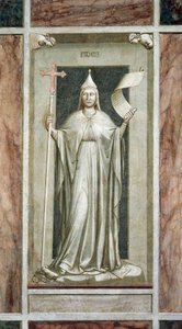 Foi, figure féminine tenant la Croix et un rouleau symbole de la Vérité Révélée, tout en détruisant une idole et en se tenant sur des symboles de la Kabbale, par Giotto, cycle de fresques Les Vices et Vertus, après restauration, Chapelle Scrovegni, Padoue, - Giotto (c.1266 1337)