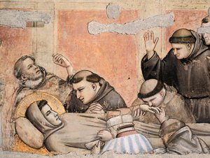 Italie, Florence, Basilique de la Sainte-Croix, Chapelle Bardi, Mort de Saint François par Giotto, fresque, Détail