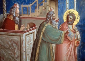 Le prêtre rejetant Joachim venu avec un agneau pour le sacrifier. Détail de la vie de Sainte Anne et Saint Joachim (fresque)