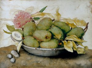 Assiette de nèfles, amandes et une rose