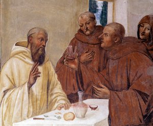 Benoît brise un verre de vin empoisonné en faisant le signe de la croix (détail) - Giovanni Antonio Bazzi Sodoma