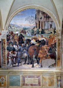 Comment Benoît prédit la destruction de Monte Cassino (détail) - fresque du cloître réalisée par Antonio Bazzi dit il Sodoma racontant la vie de Saint Benoît de Nursie, fondateur de l
