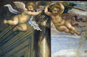 La Sala delle Nozze di Alessandro e Rossana (détail) de deux putti volants - Giovanni Antonio Bazzi Sodoma