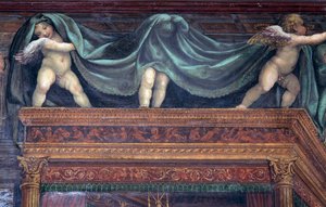 La Sala delle Nozze di Alessandro e Rossana (détail) de putti jouant sous le baldaquin du lit