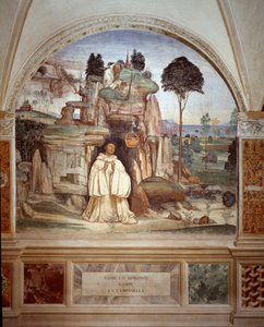 Le démon brise la cloche fresque du cloître réalisée par Antonio Bazzi dit il Sodoma (1477 - 1549) racontant la vie de Saint Benoît de Nursie (480 - 567) fondateur de l