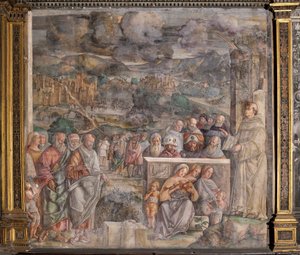 Saint Antoine arrivant à Padoue, où il rétablit la paix entre les citoyens par la force et la douceur de sa prédication, École du Saint - Giovanni Antonio Corona