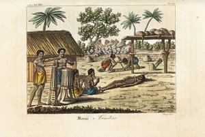 Sacrifice humain dans un marae sacré (Morai) ou cimetière, Tahiti. Tambours à gauche, une victime ligotée et deux fossoyeurs creusant une tombe devant un tas de crânes humains et des carquois de flèches. Gravure sur cuivre colorée à la main par Sasso d