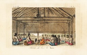 Le roi Polaho buvant du kava dans une maison longue, Tonga (Îles Amies). Gravure sur cuivre coloriée à la main par Sasso d