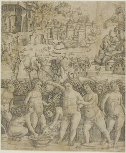 Sept cupidons avec deux béliers dans un paysage - Giovanni Antonio da Brescia