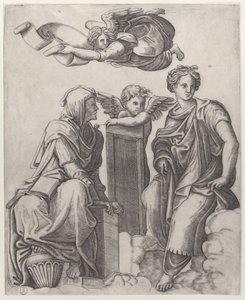 Deux figures féminines assises dans les nuages entourant un ange et un autre volant au-dessus, ca. 1510-25 - Giovanni Antonio da Brescia