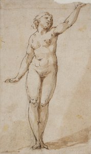 Femme nue debout levant son bras gauche
