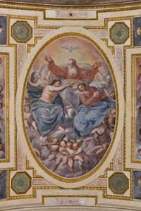 Gênes, Duomo (cathédrale Saint-Laurent), intérieur, chapelle Lercari ou chapelle du Saint-Sacrement (abside nord), voûte : "Couronnement de la Vierge", fresque de Giovanni Battista Castello dit Bergamasco