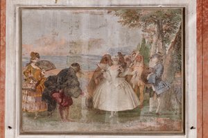 Logements des invités, la chambre des scènes de carnaval : "Pantalone et Colombine", une scène avec des masques - Giovanni Battista Tiepolo