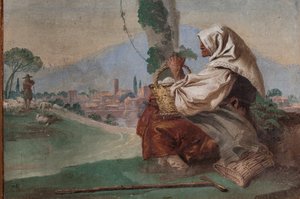 Vieille paysanne avec un panier d
