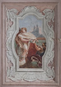 Palazzina : vue de la quatrième salle ou de Torquato Tasso, avec fresques représentant des épisodes de "Jérusalem délivrée" : "Les compagnons tiennent le miroir devant Rinaldo" - Giovanni Battista Tiepolo