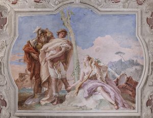 Palazzina : vue de la quatrième salle ou de Torquato Tasso, avec fresques représentant des épisodes de "Jérusalem délivrée" : "Rinaldo, escorté par Ubaldo et Carlo, abandonne Armida" - Giovanni Battista Tiepolo