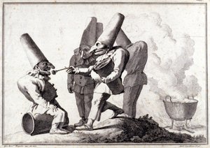 Le groupe de Pulcinella (Polichinelle italien). Dessin à la plume et lavis sur marque de crayon par Giovanni Battista (Giambattista) Tiepolo (1696-1770).