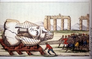 Transport du buste de Memnon sur les rives du Nil par Belzoni. Giovanni Battista (Gianbattista) Belzoni (1778-1823), explorateur et archéologue italien, a fait d